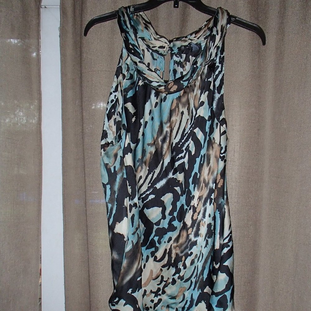 New Directions, aqua, black, brown printed tank/blouse